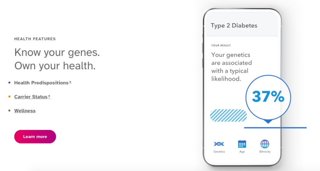 23andme health report covering a wide range of health conditions